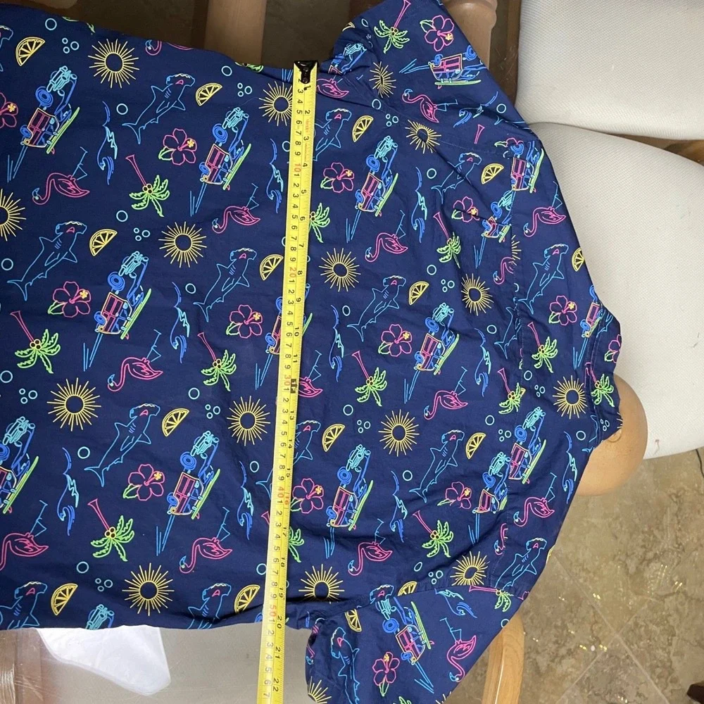 J. Crew Flex Washed Slim Button Down Shirt Neon Shark Print Short‎ Sleeve - M